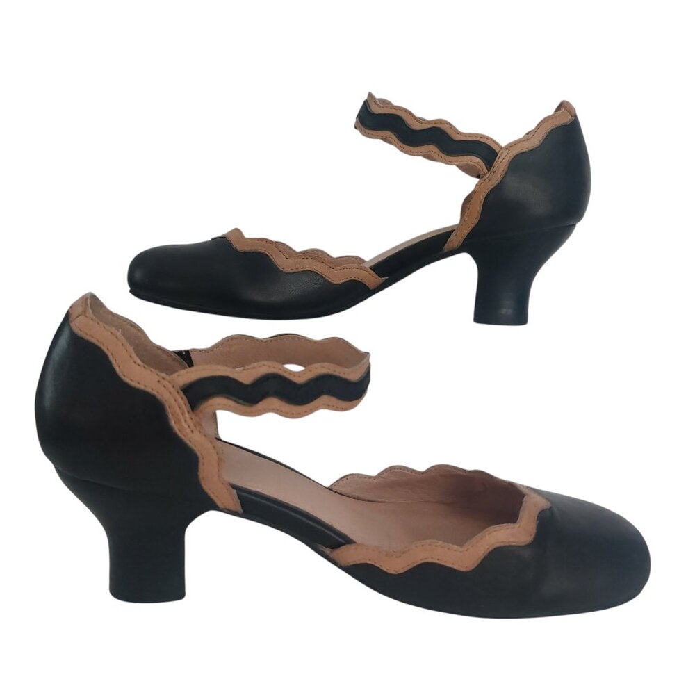 Miz Mooz Troian Pumps Leather Navy Beige Scalloped Edge Retro GUC - Picture 4 of 13